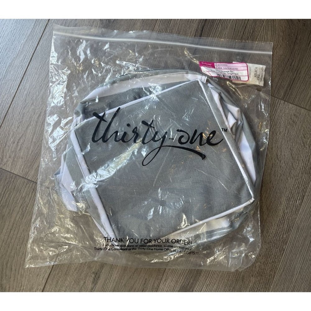 Thirty One Mini Storage Bin Tote Gray White Brush Strokes Collapsible Round NEW